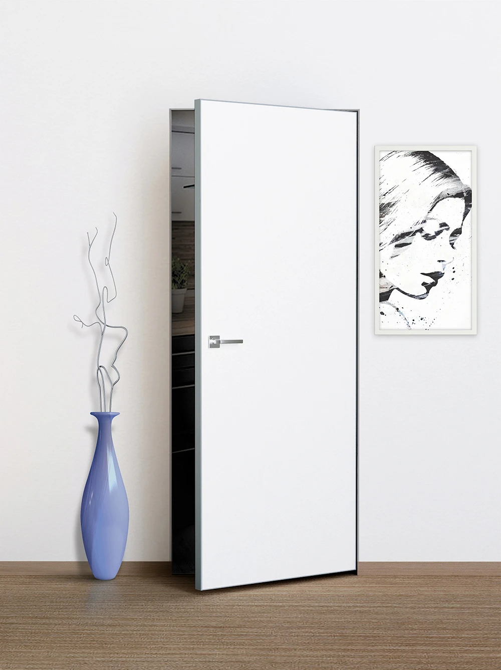 Фото Межкомнатная дверь Фьюжн, кромка AL хром с 4-х сторон белый грунт